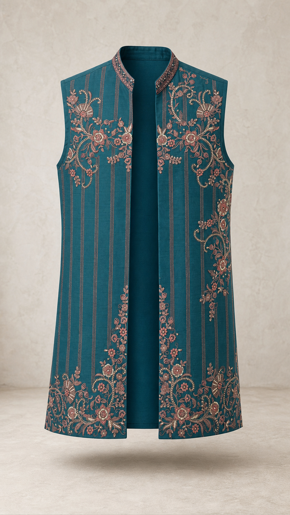 Rose Resham peacock teal embroidered jacket — front view