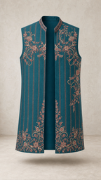 Rose Resham peacock teal embroidered jacket — front view