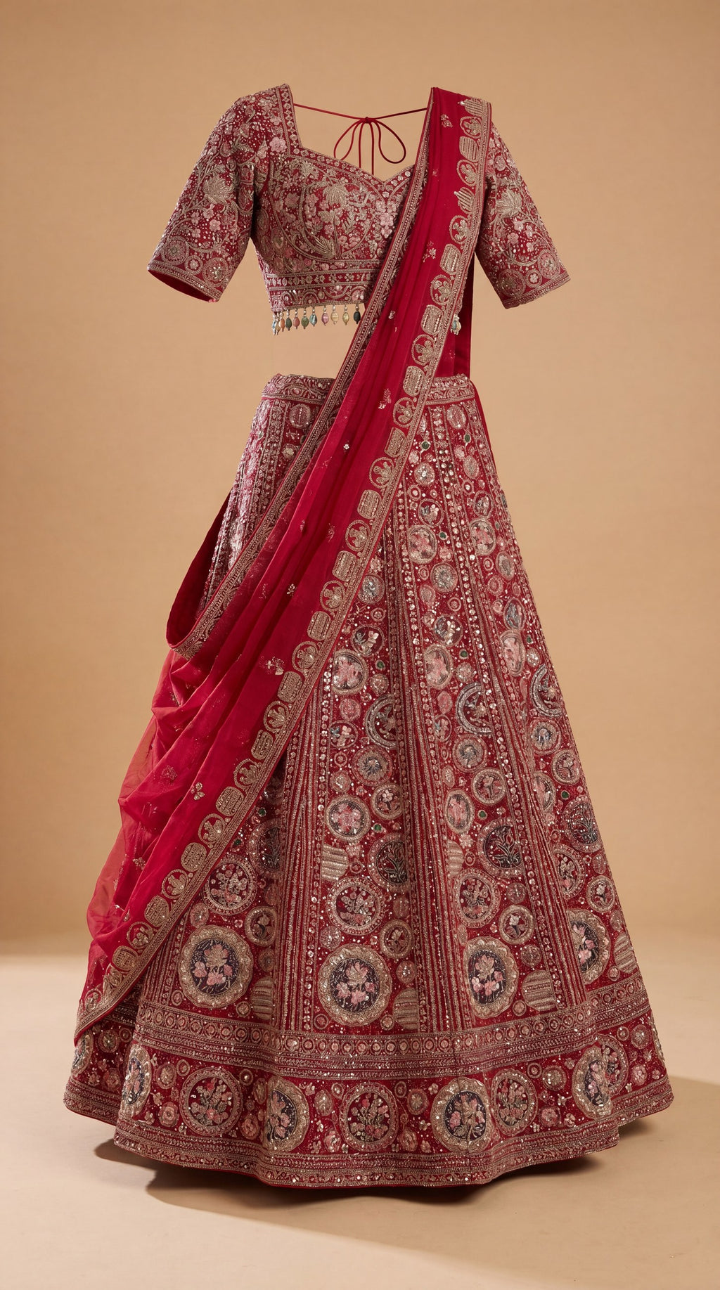 Rosette Laal Garden Lehenga Set - deep red Indian bridal wedding lehenga with heavy floral embroidery - view 1