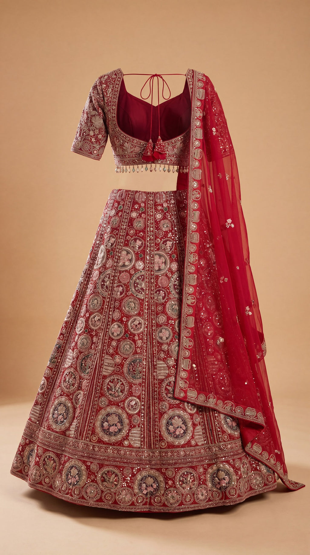 Rosette Laal Garden Lehenga Set - back view with choli tie - view 4