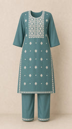 Saba Sage Plus-Size Cotton Embroidered 3-Piece Set kurta and trousers front view