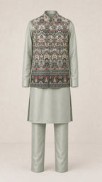 Kent Selection embroidered vest kurta set in Sage Green – full outfit front view