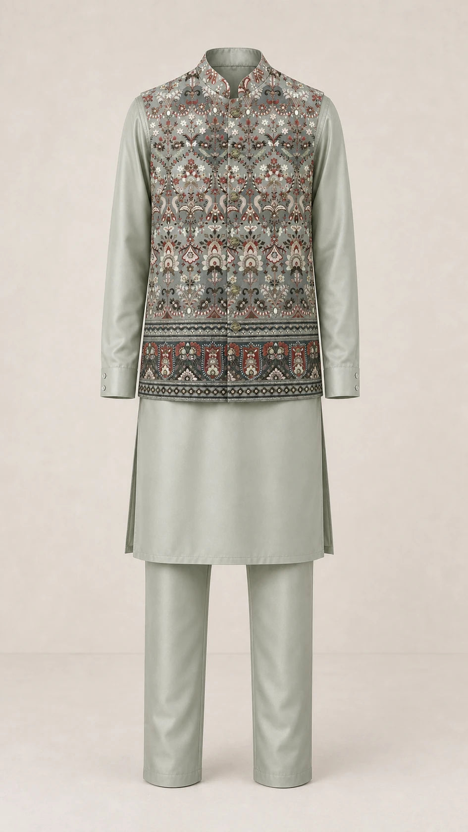 Kent Selection embroidered vest kurta set in Sage Green – full outfit front view